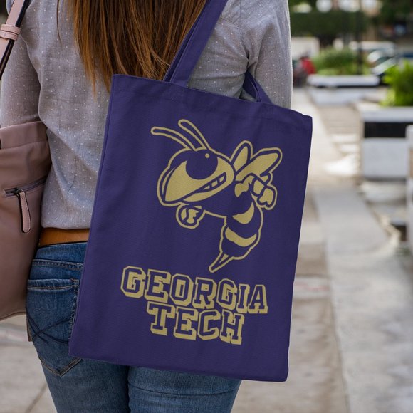 NEW Georgia Tech Yellow Jackets Mascot Wordmark Canvas Medium Tote Bag NAVY - Picture 2 of 2